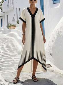SHEIN Holidaya Đầm nữ mùa xuân/hè tối giản cổ chữ V kẻ sọc, thiết kế cổ chữ V + tay áo cánh dơi, kẻ sọc dọc đen trắng phía trước + họa tiết hình học tỏa tròn ở gấu đầm, gấu đầm đuôi cá bất đối xứng, chất liệu mềm mại, phù hợp cho công sở và các dịp thường ngày. Đặc điểm sản phẩm: Áo choàng in họa tiết hình học nữ, đầm cổ chữ V tay áo cánh dơi, đầm dáng suông bất đối xứng, đầm dài tối giản tương phản đen trắng, áo choàng công sở. - Màu be - Xem 5