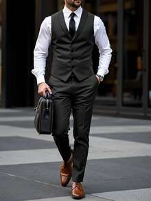 Manfinity Mode Men's Single-Breasted Casual Sleeveless Suit Vest And Suit Pants Set - Black - View 8