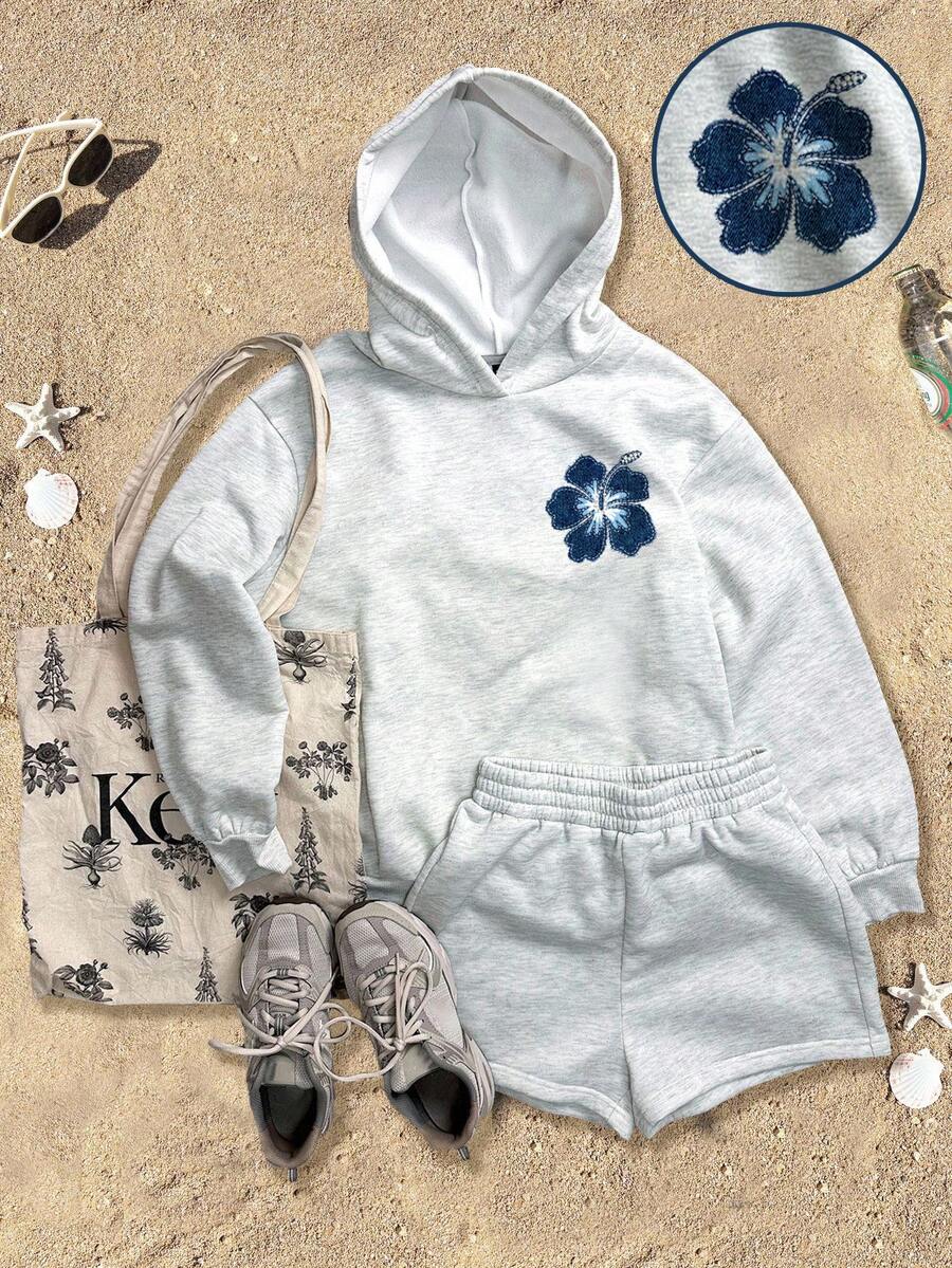 SHEIN EZwear Casual Minimalist Daily Versatile Floral Print Sweatshirt & Hoodie 2-Piece Set, Loose Cropped Sweatshirt, Suitable For Summer, Party, Airport - Grey - View 1