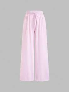 Sweetra Quần ống rộng dáng suông kẻ sọc mới dành cho nữ, cạp chun, thích hợp cho đi làm, mặc hàng ngày, đi nghỉ mát, thoải mái và giản dị, phong cách ngọt ngào, mùa xuân/hè/thu. - Hồng - Xem 1