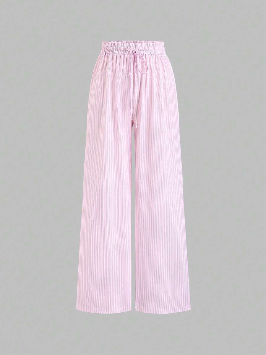 Sweetra Quần ống rộng dáng suông kẻ sọc mới dành cho nữ, cạp chun, thích hợp cho đi làm, mặc hàng ngày, đi nghỉ mát, thoải mái và giản dị, phong cách ngọt ngào, mùa xuân/hè/thu. - Hồng - Xem 1