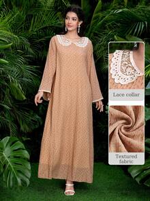 Al Najma Women's Chic Pink Modest Abaya Maxi Dress With Lace Peter Pan Collar,Long Sleeve Textured Floral Print Tunic For Summer - Pink - View 1
