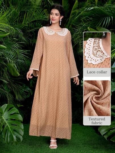 Al Najma 女士春夏梭织纹理花卉印花长袖刺绣领口和袖口优雅阿拉伯连衣裙