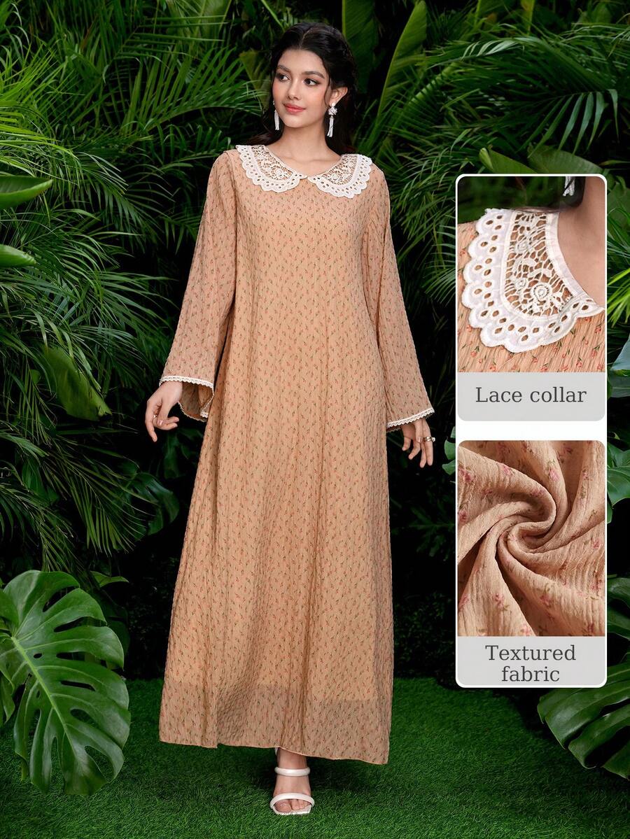 Al Najma Women's Chic Pink Modest Abaya Maxi Dress With Lace Peter Pan Collar,Long Sleeve Textured Floral Print Tunic For Summer - Pink - View 1