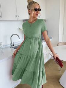 Vestido casual de embarazada con mangas cortas, dobladillo escalonado y unicolor para vacaciones y uso diario - Verde - Ver 8