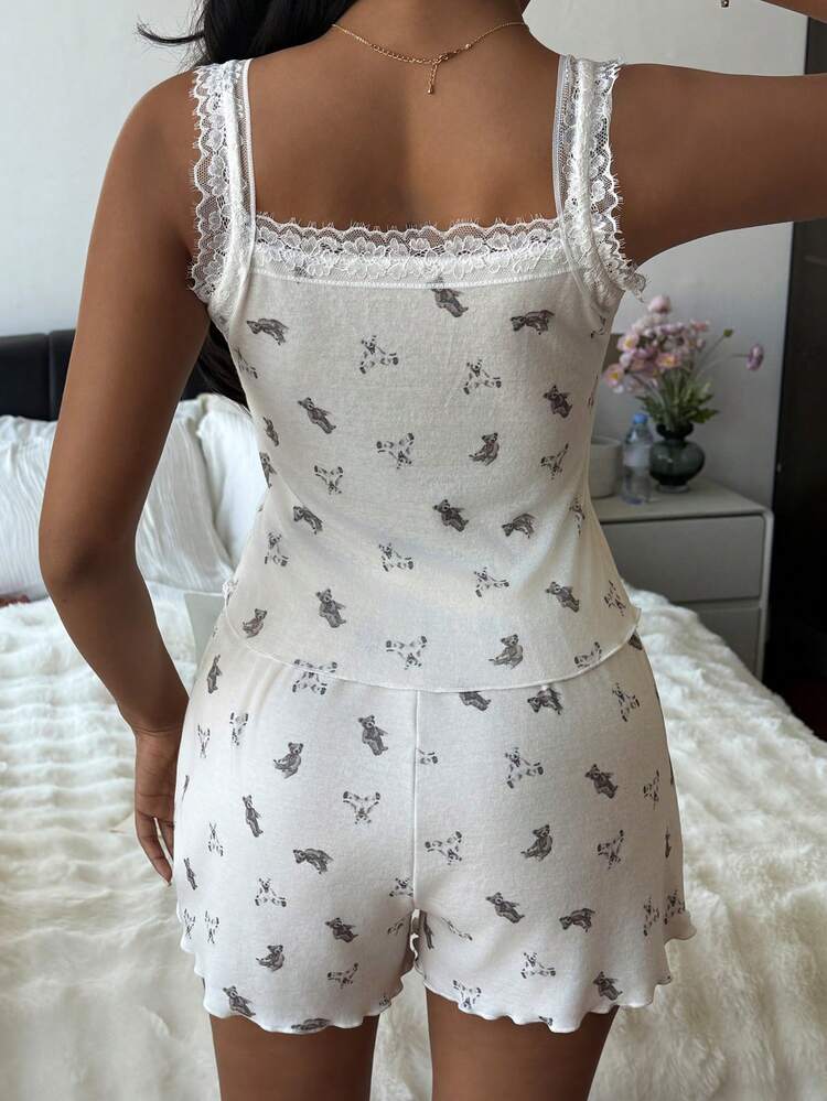 2pcs/Set Cute Bear Print Lace Patchwork Sleeveless Crop Top And Shorts Pajama Set For Women, Summer