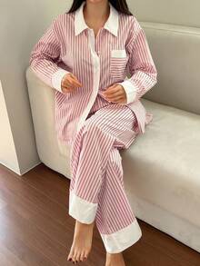 DAZY 2pcs Contrast Color Striped Fabric Shirt Style Women's Pajama Set, Spring - Pink - View 10
