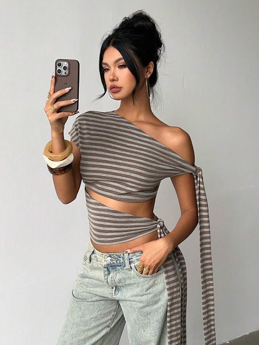 Aloruh Women's New Arrival Summer Vacation Y3K Sexy Casual Music Festival Tee, Pastal Tie-Up Flowy Sleeve T-Shirt Club Golf Night Out - Multicolor - View 1