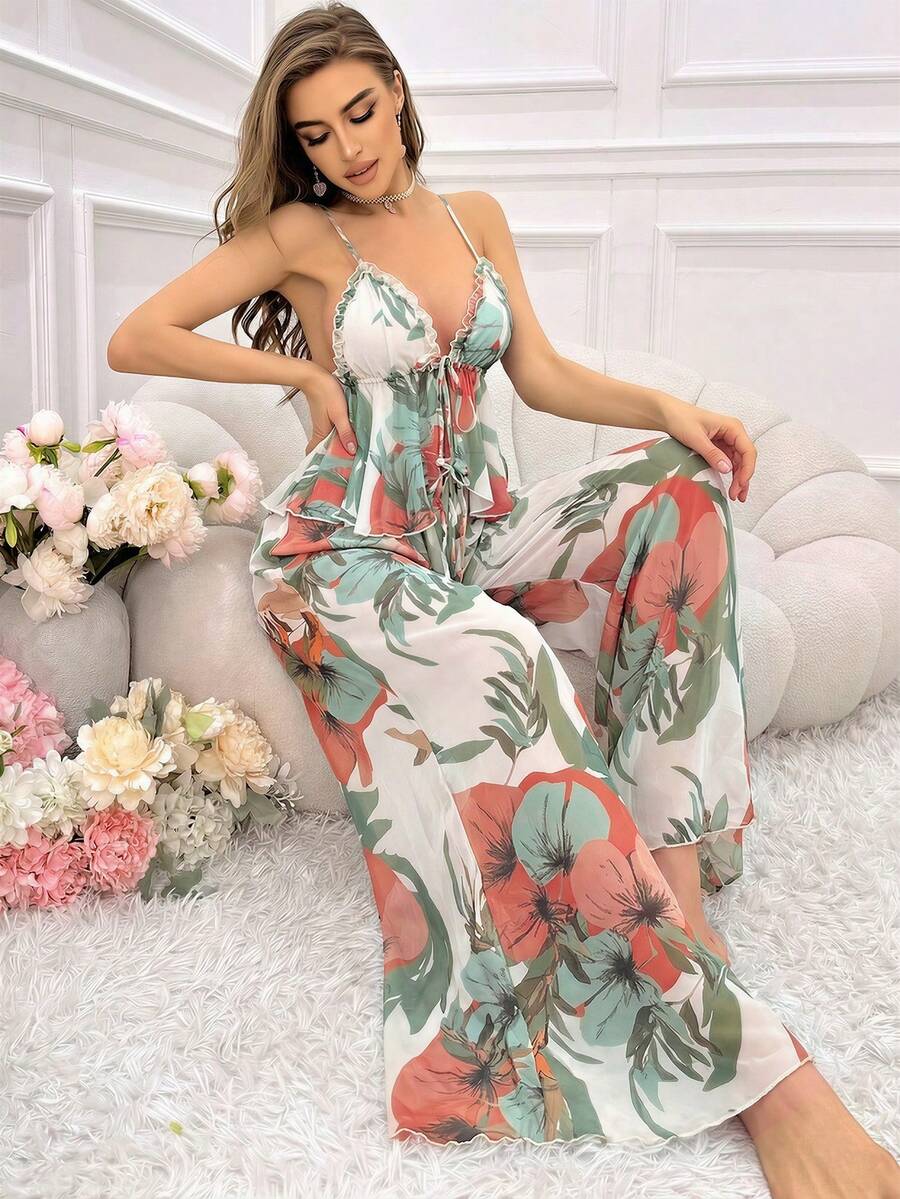 SHEIN 女士热带印花吊带背心和裤子睡衣套装 - 彩色 - 查看 1