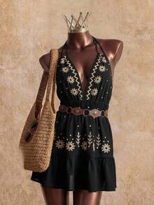 Elin Vora Women's Deep V-Neck Dress With Floral Embroidery Vacation Beach Outfit - Black - View 3