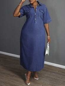 Slaydiva Đầm denim nữ cỡ lớn tay ngắn cài cúc nửa thân trước kiểu dáng thường ngày - Rửa trung bình - Xem 6