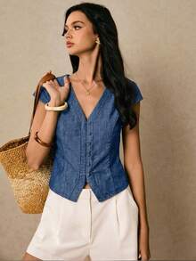 Poéselle Áo denim cổ chữ V nữ, kiểu dáng thường ngày, đa năng, thích hợp mặc hàng ngày. - Rửa tối - Xem 2