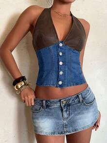 Aloruh Women's Summer Fashion Contrast Color Patchwork Backless Halter Denim Blouse Going Out Tops Women
Crop Tops - Medium Wash - View 4