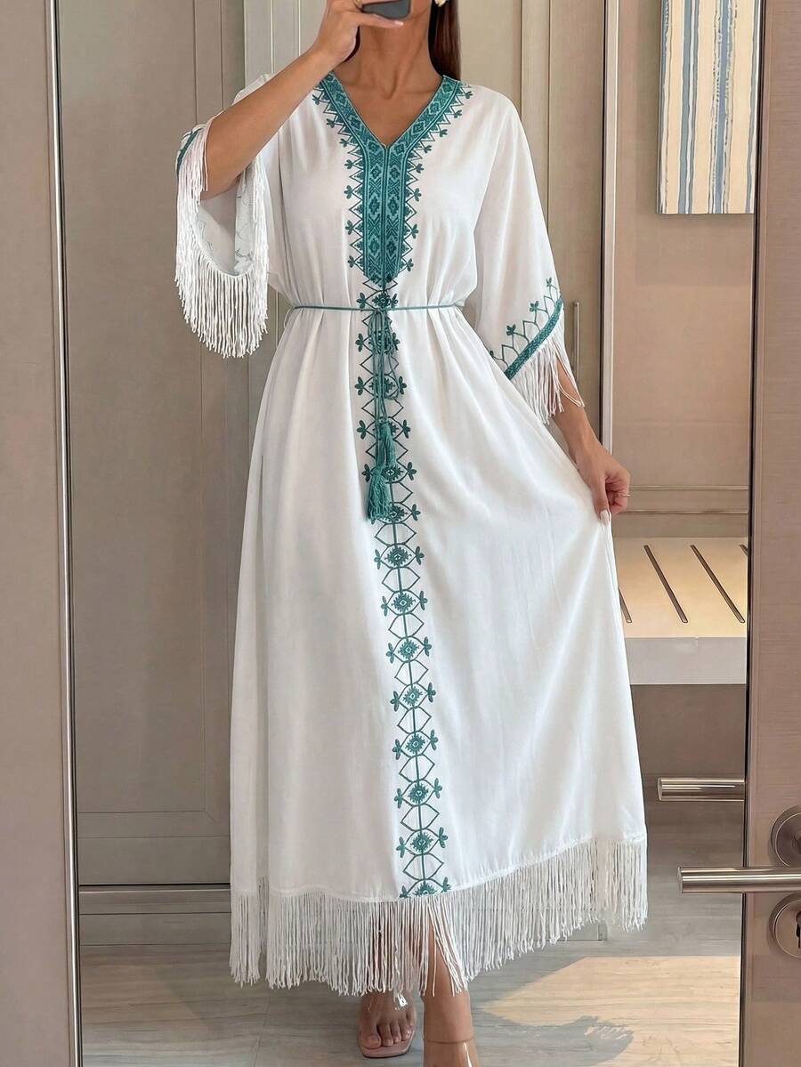 Yasmyna 女士花卉图案V领流苏袖口宽松阿拉伯风格连衣裙 - 彩色 - 查看 1