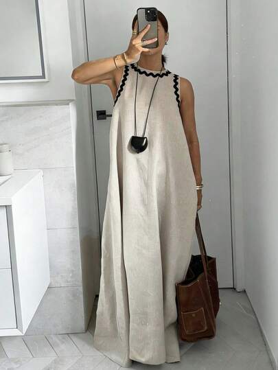 Siren Gaze Đầm dài không tay dáng rộng phối màu tương phản, gấu đầm lượn sóng, đầm vải lanh thường ngày cho kỳ nghỉ, trang phục đi biển, đầm chống nắng kiểu cơ bản dành cho nữ.