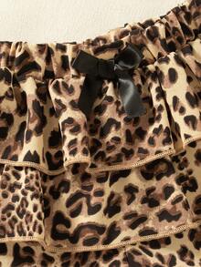 SHEIN Playful Pals 女婴豹纹层叠荷叶边蝴蝶结装饰半身裙短裤 - 卡其色 - 查看 5