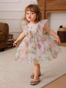 SHEIN Glamorique Kids Đầm peplum sang trọng, thanh lịch, duyên dáng, tay ngắn, thắt eo dành cho bé gái, trang phục dự tiệc. - Màu be - Xem 1