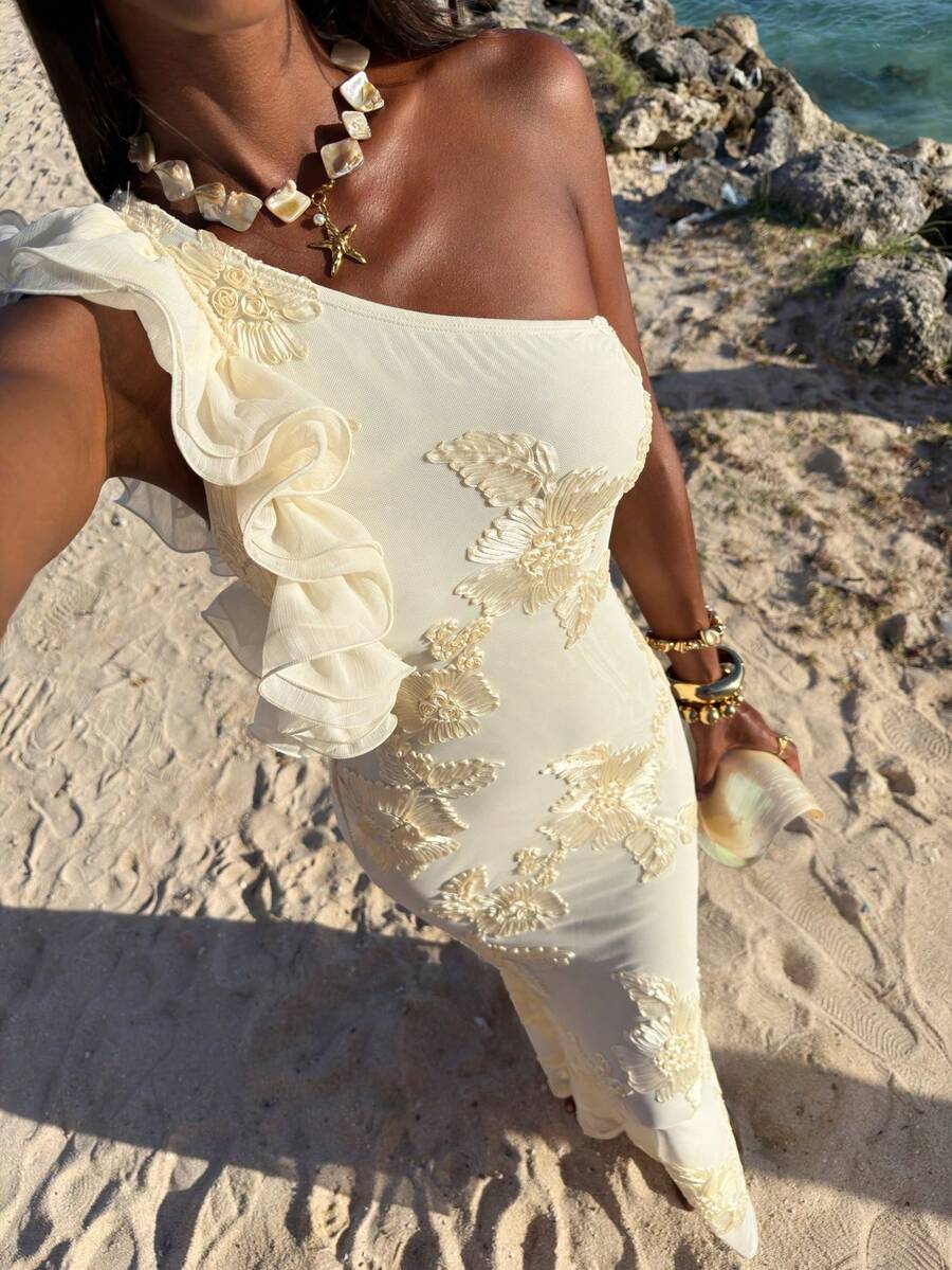 Opulessa 女士优雅提花收腰长裙，适合派对和活动 - 杏色 - 查看 1