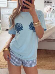 CovetEZ Bộ 2 món áo thun in hình vỏ sò và quần short kẻ caro dành cho nữ. - Màu xanh lam - Xem 5