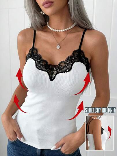 EMERY ROSE Áo hai dây ôm sát cổ chữ V gợi cảm, viền ren.