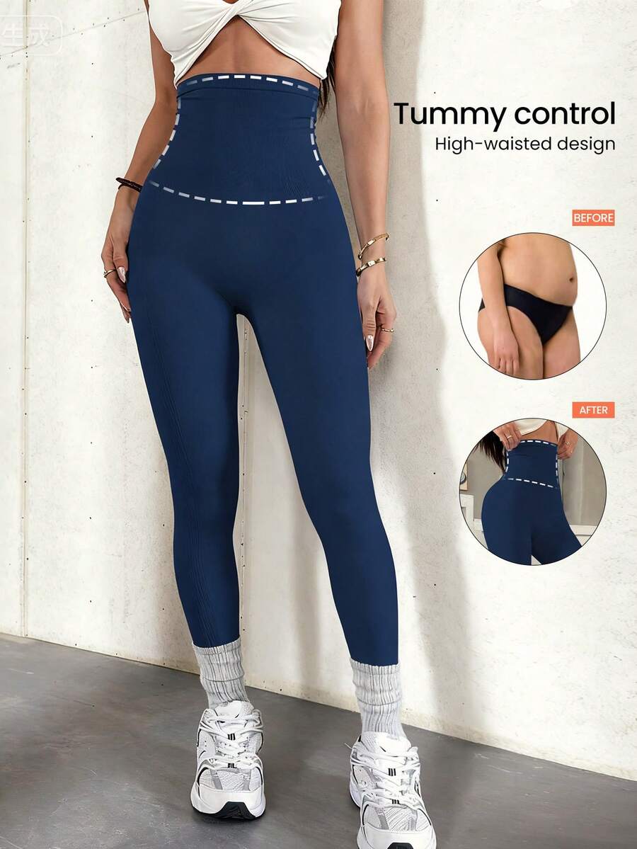 Easithlete 1pc Women's Navy Blue High Waist Seamless Knit Leggings, Tight Fit Tummy Control, Comfortable For Yoga, Fitness, Running, Cycling, Outdoor Sports, Casual Wear, Versatile For Spring, Summer, Autumn, Winter, Party - Navy Blue - View 1