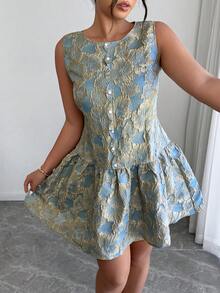 Elenzga Đầm nữ cỡ lớn thanh lịch cổ tròn viền bèo nhún chất liệu jacquard, thích hợp mặc hàng ngày, công sở và dạo phố, mùa xuân/hè. - Màu xanh lam - Xem 5