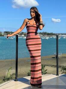 Aloruh 女士春夏新款针织钩编连衣裙，露背交叉条纹波西米亚风度假连衣裙，优雅女士连衣裙 - 咖啡棕 - 查看 4