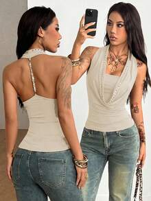 Coolane Summer Outfits For Women Streetwear Casual Festival Streetwear Going Out Vintage Fashion Renaissance Fair Western Wear Cowgirl Y2K Gyaru Draped Collar Slim Fit Backless Beaded Halter Top,Khaki Tops - Apricot - View 2