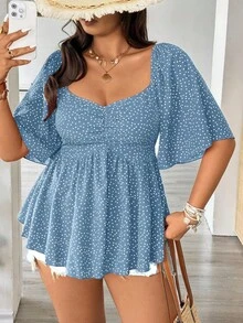 Vionelle Damen Große Größen Casual Urlaubs Polka Punkt Muster Herzausschnitt Flatterärmel Geraffter Büste Babydoll Top, Frühling/Sommer - Graublau - Übersicht 1