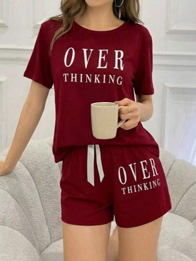 Conjunto de 2 piezas de pantalón y/o Short  blusa de manga Corta de cuello redondo de unicolor, de punto jacquard, holgado y casual para mujer, ropa de otoño e invierno