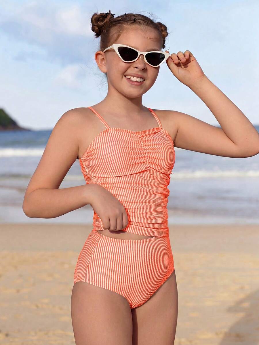 SHEIN Bikini de dos piezas a rayas para niñas - Naranja Quemada - Ver 1