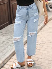 SHEIN LUNE Women's Casual Sexy Washed Distressed Straight Leg Jeans, Summer, Jeans For Women Swimming Pastal - Light Wash - View 5