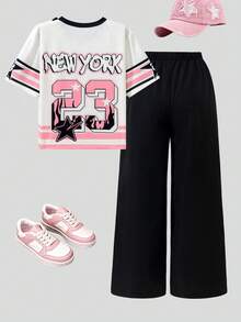 SHEIN Sparklyn 2件套少女白色短袖露脐上衣T恤和阔腿裤套装，配蝴蝶结腰带，粉色，适合春夏穿着，柔软舒适，休闲/运动风 - 彩色 - 查看 2