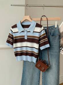 SHEIN EZwear Áo nữ dệt kim kẻ sọc cổ polo tay ngắn, phong cách sinh viên độc đáo, phù hợp cho các bữa tiệc, sân bay, dạo phố, phong cách tối giản cổ điển thanh lịch, mùa xuân/hè. - Nhiều màu - Xem 4