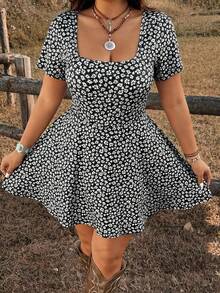 Ceyna Plus Size Small Floral Print Square Neck Knit Casual Jumpsuit - Black - View 8