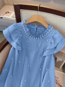 GlowEve CURVE Plus Size Women's Ruffled Collar Pearl Beaded Double-Layer Cap Sleeve Loose Dress, Textured Elegant Sweet Dress For Spring/Summer - Blue - View 5