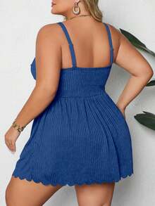 SHEIN CURVE+ Bộ đồ bơi tankini xếp ly màu trơn dành cho nữ cỡ lớn - Màu xanh lam - Xem 2