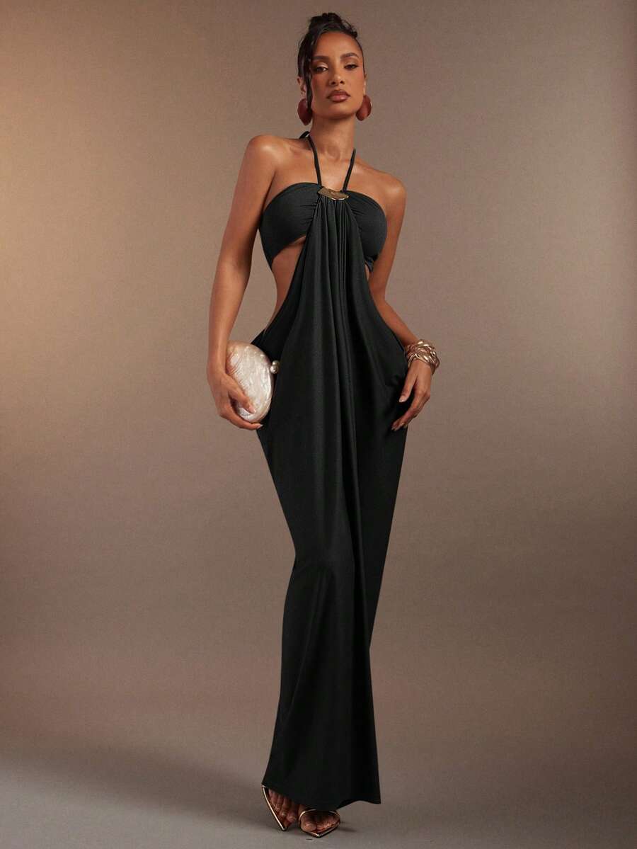 Hauture Olive Green Bandeau Cut Out Side Draped Gathered Side Halter Neck Maxi Dess - Black - View 1