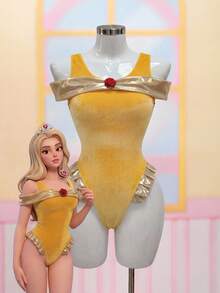 Fantasy Costume Fantasy Costume Women's Patchwork Color Ruched 3D Floral Decor Sexy Jumpsuit - Yellow - View 5