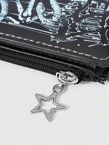 ROMWE Grunge Punk 1Pc Garbage Punk Heavy Metal Death Metal Wallet -- Horror Skull And Eyes Creative Design Pattern Gothic Style Unisex Wallet With Stars Zipper Change Bag, Casual Fashion Card Bag - Black and white skull - View 5