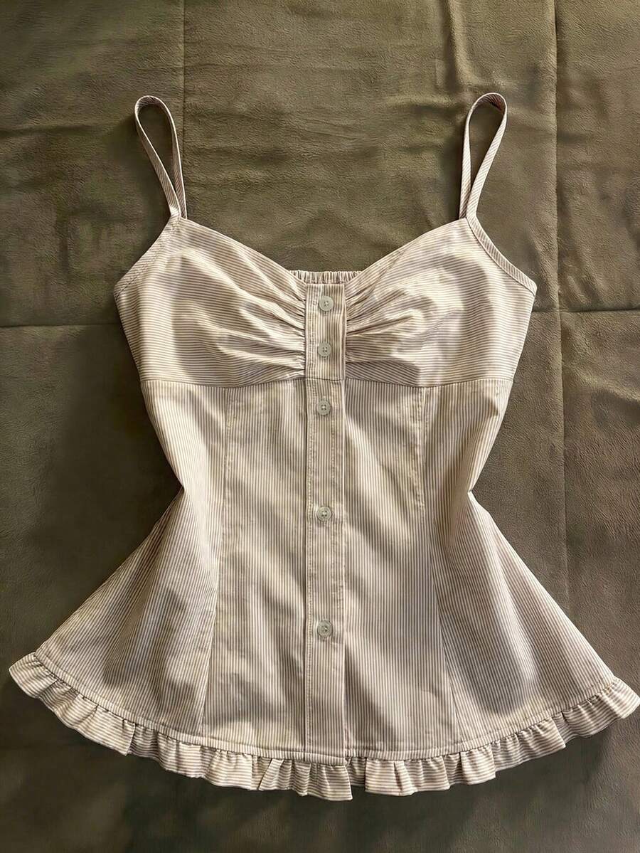 SHEIN Women's Brown Striped Ruffle Casual French Versatile Daily Wear Camisole Top Picnic Summer - Apricot - View 1