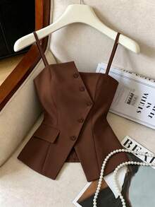 Elenzga 2025新款蓝色不对称设计时尚百搭通勤休闲束腰吊带背心 - 棕色 - 查看 2