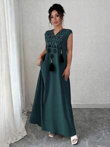 Rafferiza Vestido recto holgado con cuello en V, decoración con flecos y estampado gráfico bordado para mujer, ideal para vacaciones - lago azul - Ver 1