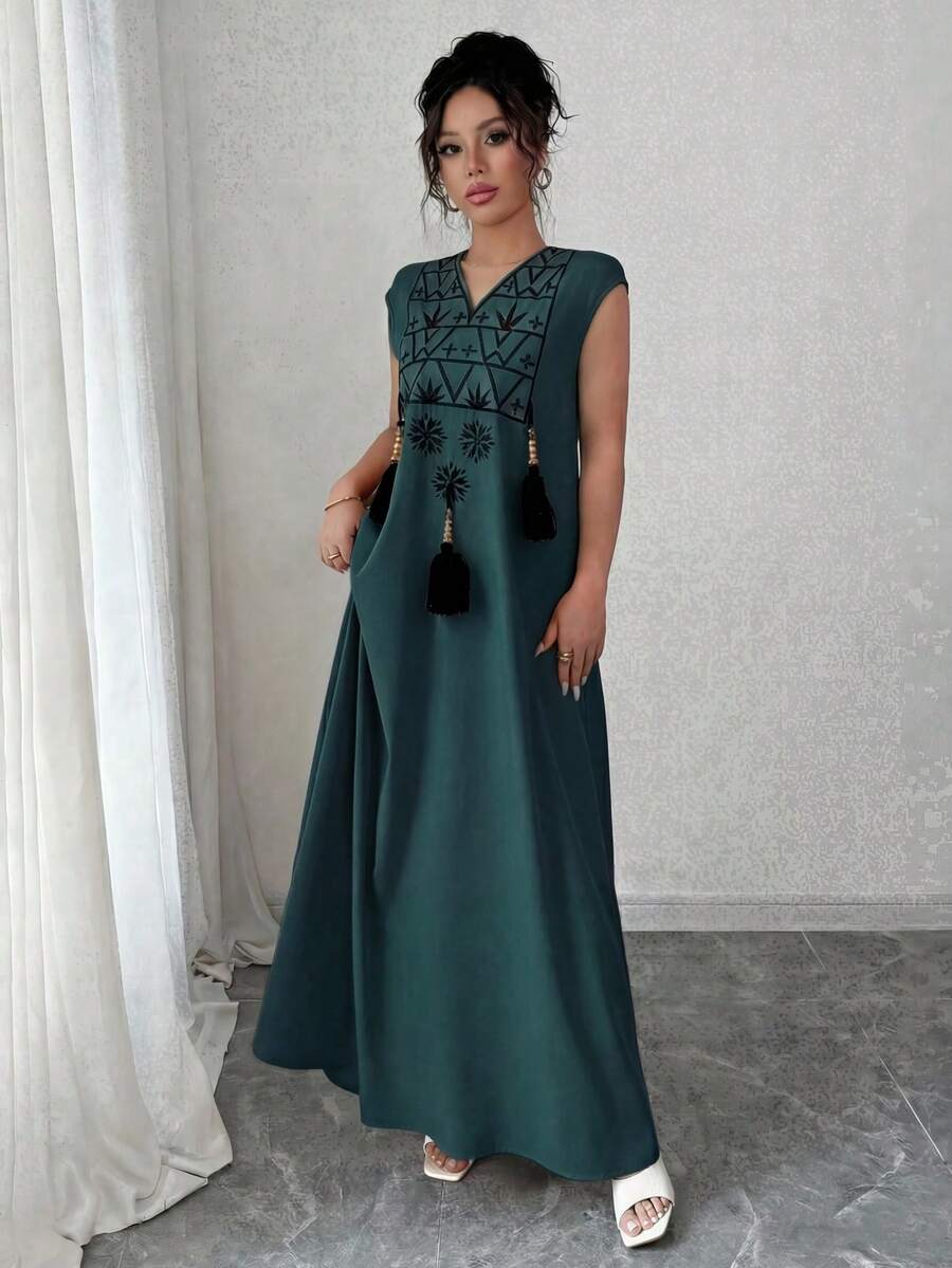 Rafferiza Vestido recto holgado con cuello en V, decoración con flecos y estampado gráfico bordado para mujer, ideal para vacaciones - lago azul - Ver 1