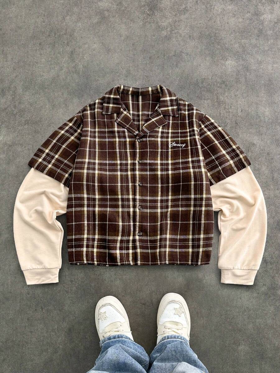 EASEVO Camisa 2 en 1 para hombres de talla grande con estampado a cuadros, bloques de color y bordado, para vacaciones, regalo del Día del Padre - Marrón - Ver 1