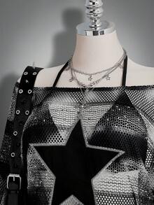 SHEIN ICON 大尺碼女款黑色秋季 2000s Y2K 70s 90s 露肩半透視洋裝，五角星貼花刺繡，適合夜店派對、夜生活、寬鬆版型 - 黑與白 - 查看 4