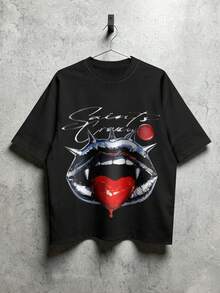 STEELVANCE Áo thun nam tay ngắn cổ tròn in hình môi, kiểu dáng thường ngày, thích hợp cho mùa hè. - màu đen - Xem 6