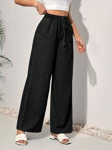 SHEIN PETITE CURVE 大码女式抽绳腰带休闲百搭日常宽松牛仔阔腿裤 - 黑色 - 查看 3