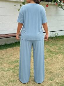 GalTyme Conjunto de 2 piezas de top de manga corta de cuello redondo azul y pantalones, talla grande, primavera/verano - Azul - Ver 2