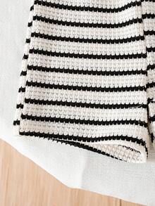 SHEIN 1 pieza Mono de verano para niñas bebé, cuello redondo, manga volada, casual, a rayas negras y blancas, decoración de lazo minimalista, traje de playa para vacaciones - Blanco y Negro - Ver 6